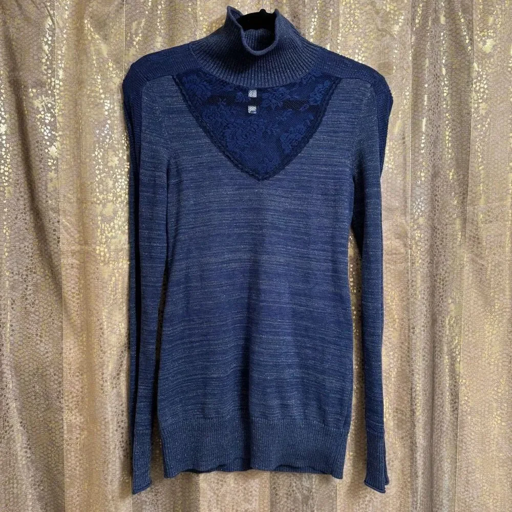 Free‎ People Navy Blue Metallic Lace Inset Turtleneck Sweater Small
